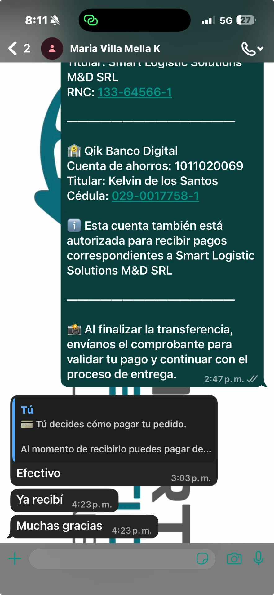 Cliente confirmando que recibió su pedido